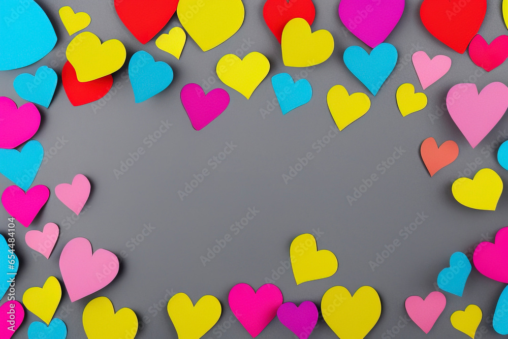 valentine's day illustration. grey background. colorful hearts by image. copy space.Generative AI