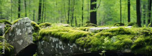 A stone covered with green moss in the forest. Wildlife landscape. Wide banner. Copy space. Design. Empty space for the product