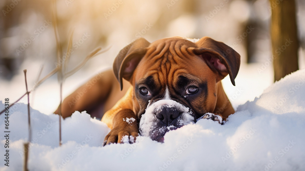 Cute Boxer Dog lying in the snow Cute Boxer Dog lying in the snow
