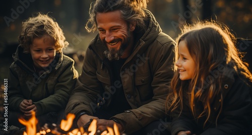 A family on a hike sits by the fire, warming itself by the flame with people. A break from city life, wild nature and camping.
Concept: hiking tours