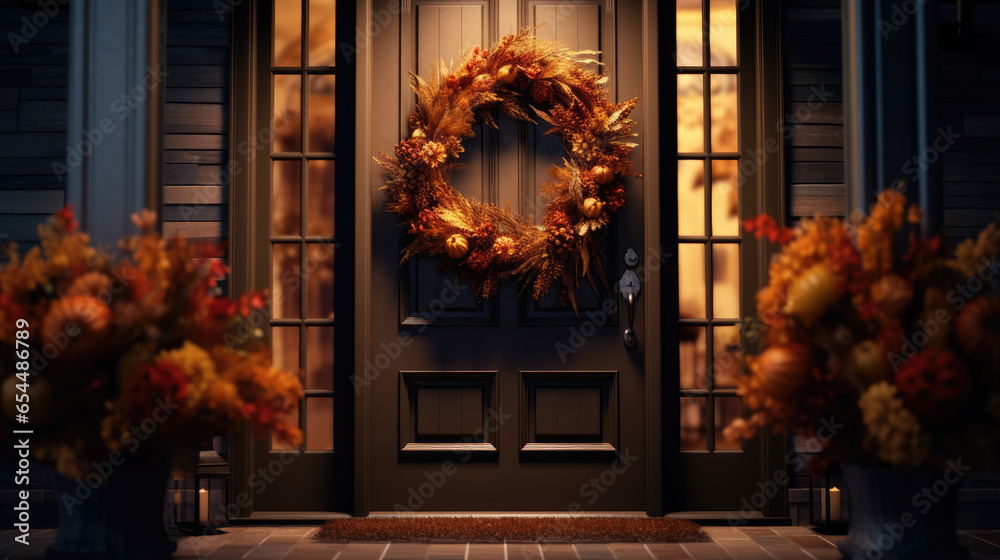 Obraz premium Close-up of an autumn wreath decorated with brown ribbon on the door