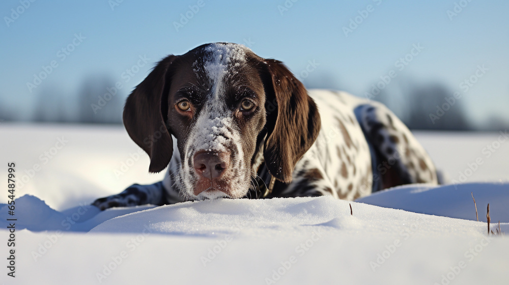 Cute German Shorthaired Pointer Dog lying in the snow Cute German Shorthaired Pointer Dog lying in the snow