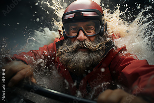 Santa Claus with helmet and glasses on a sleigh in the water