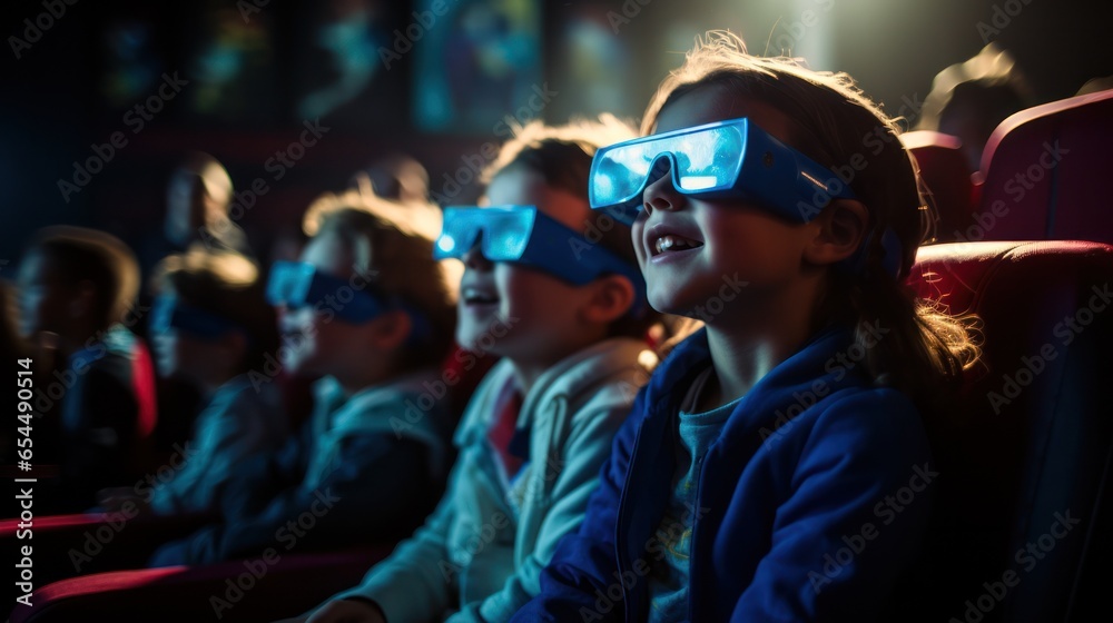 little spectators in a movie theater sit and watch a film in 3D glasses. photo of a group of people at the cinema. little spectators in a movie theater sit and watch a film in 3D glasses. photo of a group of people at the cinema.