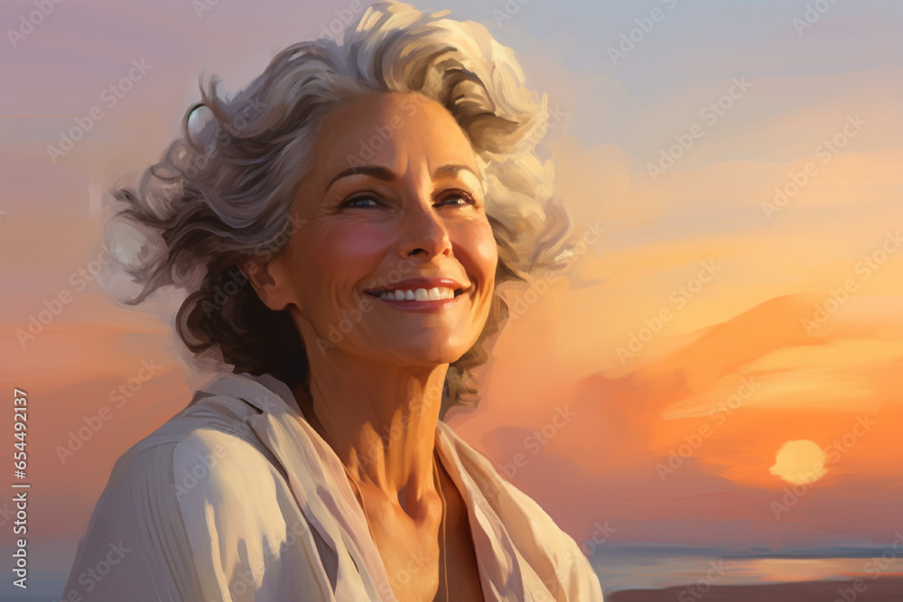 beautiful middleage woman smiling at sunset near the beach - AI Generative