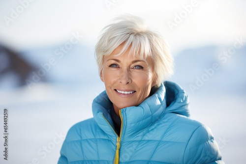 Senior scandinavian woman in warm winter outfit. Healthy, happy aged lady