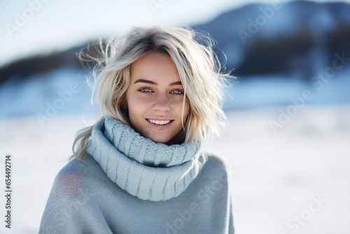 Smiling blond scandinavian girl in warm winter outfit. Healthy, active, happy young woman