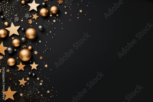 Fancy golden and black christmas background with ornaments. Greeting card mockup