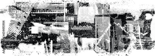 Glitch distorted grange shape . Noise grungy logo . Trendy defect error shapes . Glitched frame .Grunge textured . Distressed effect .Vector shapes with a halftone dots screen print texture.