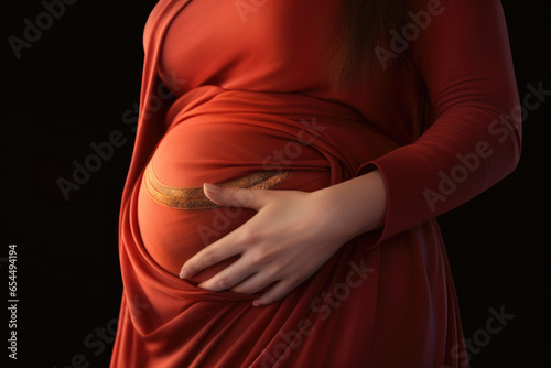 A woman in a red dress gently holds her belly. This image can be used to depict pregnancy, maternity, motherhood, or anticipation of a new arrival.