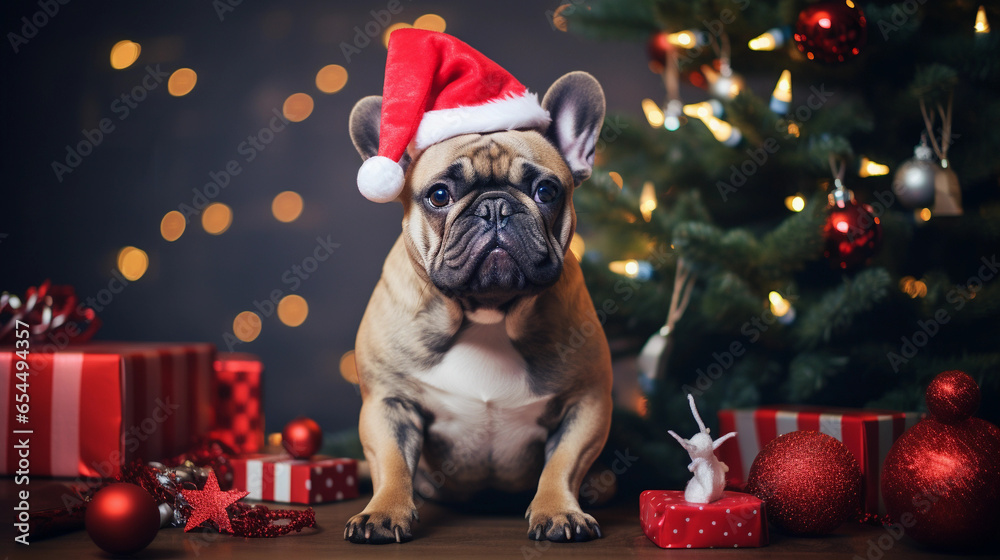 French Bulldog dog on christmas day wearing a christmas hat sat next to a christmas tree