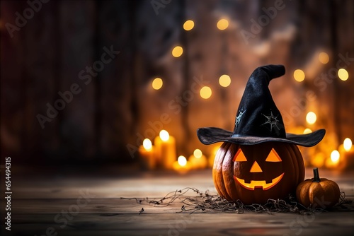 Adorable Cute Carved Pumpkin Halloween Witch Hat Autumn Background