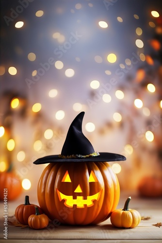 Adorable Cute Carved Pumpkin Halloween Witch Hat Autumn Background
