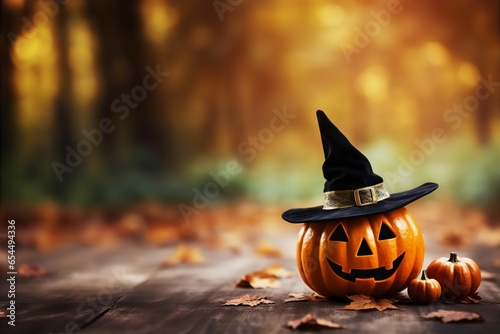 Adorable Cute Carved Pumpkin Halloween Witch Hat Autumn Background
