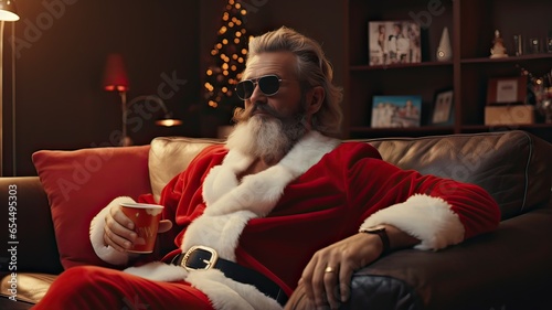 Man in Santa Claus outfit and a paper cup of coffee  resting on the couch  indoors. Christmas concept. Generative AI.