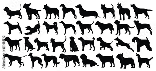 Set of dog silhouette vector. Dogs and puppies in different breed, corgi, golden retriever, poses, sitting, standing, jump. Hand drawn pet animals for pet shop, logo design, decorative, sticker