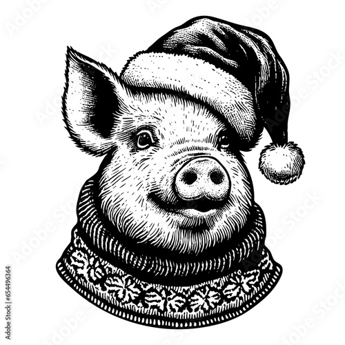 pig wearing a sweater and Santa Claus hat Christmas sketch