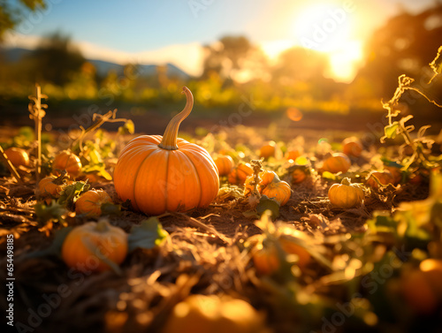 Pumpkin farm in golden hour during halloween - orange, pumpkins, sunshine, decorations, holiday