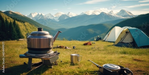 Camping gear by a fire kettle with a thermos and mountains in the distance, a concept for travel, and interests,