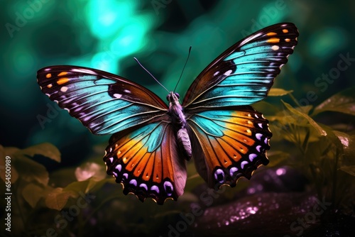 Closeup of a butterfly taking off with colorful wings