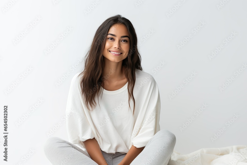 Smiling and Sitting Young Woman Embracing Vibes in Close-Up Portrait - Minimalist Tendencies and Texture-Rich Aesthetics Smiling and Sitting Young Woman Embracing Vibes in Close-Up Portrait - Minimalist Tendencies and Texture-Rich Aesthetics
