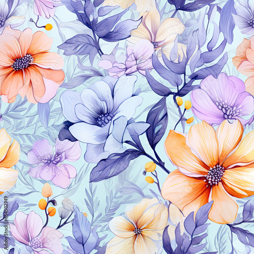 Watercolor Dreamy Floral Digital seamless pattern on color background 