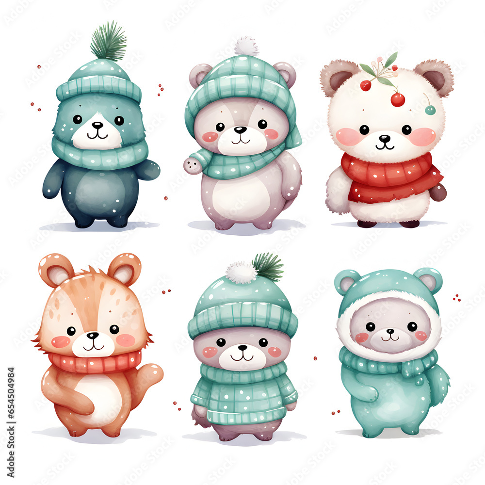 Set of watercolor cute fuzzy bears in cozy scarf and hats isolated on white background, kawaii character, winter season, holiday Set of watercolor cute fuzzy bears in cozy scarf and hats isolated on white background, kawaii character, winter season, holiday