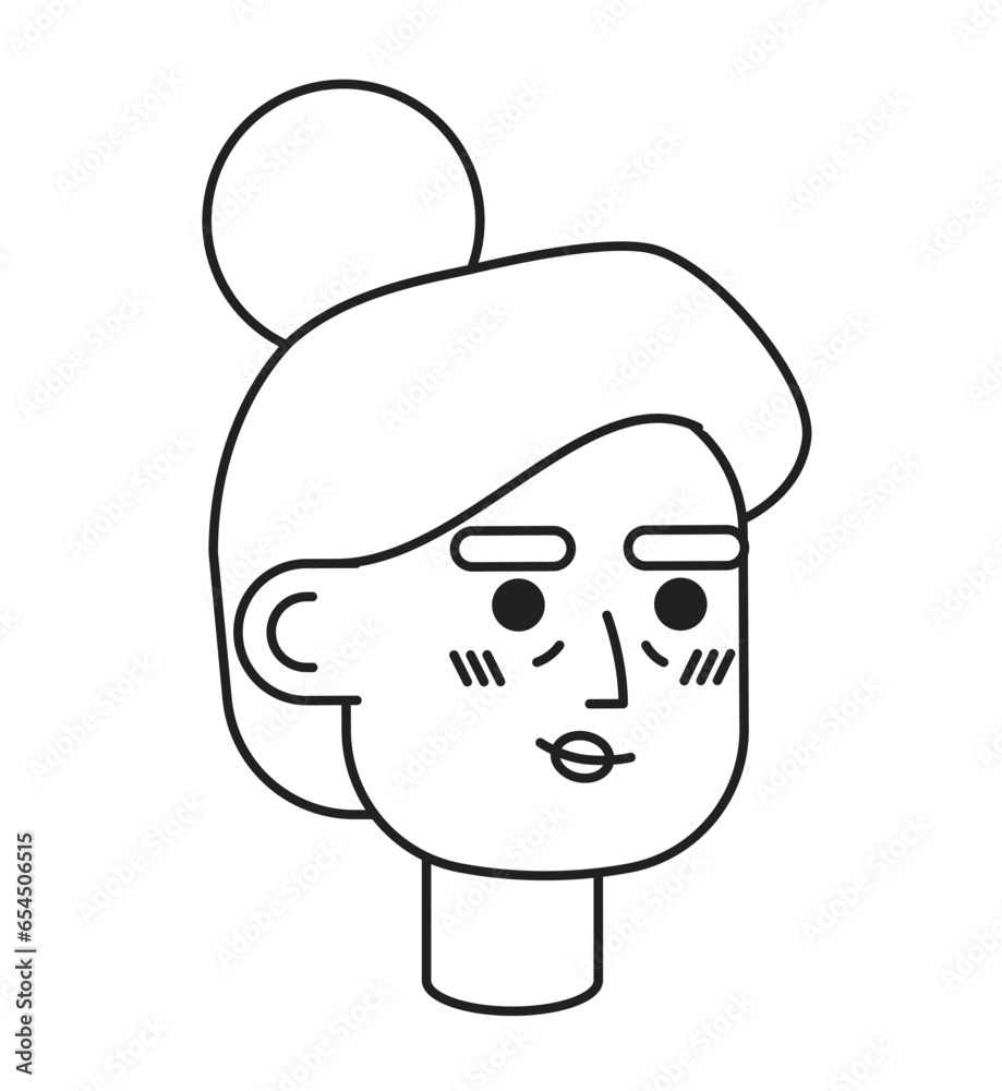 Grandma with updo hairstyle black and white 2D vector avatar illustration. Senior citizen woman outline cartoon character face isolated. Elderly person flat user profile image, portrait female