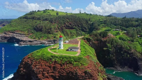 Kilauea Lighthouse Kauai Hawaii Drone Flyover Wide Shot Circling