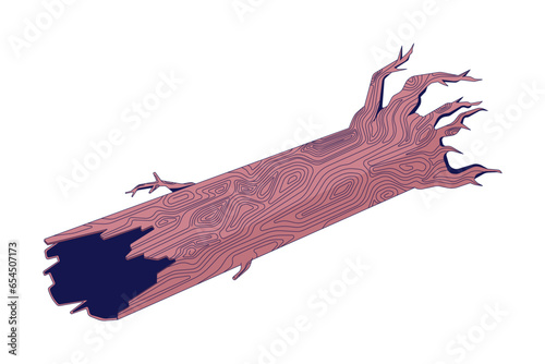 Autumnal old tree trunk 2D linear cartoon object. Cracked wood isolated line vector element white background. Dry trunk. Fall season. Fallen tree lying on ground color flat spot illustration