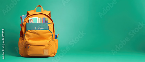 Isolated on a green background with copy space for text on the right, a full yellow school backpack contains books. returning to school idea