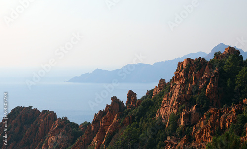 splendid panorama at sunset of the mountains of Corsica In France called calanche