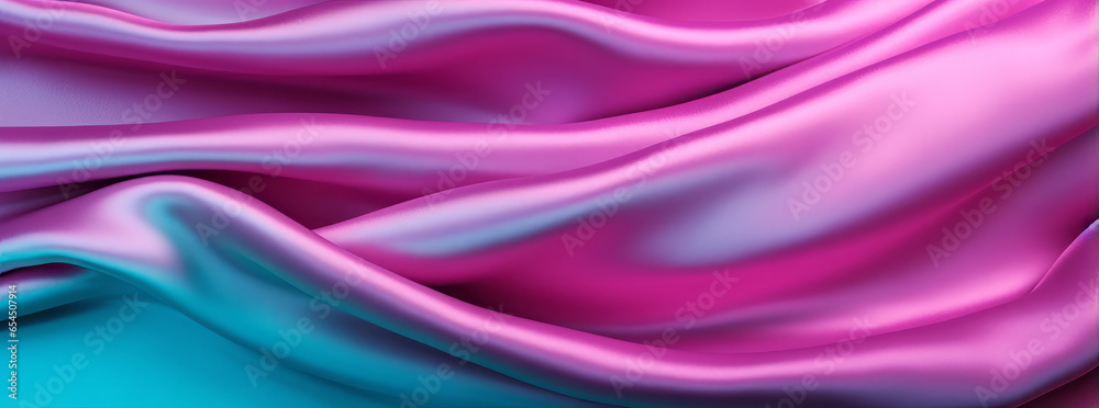 Obraz premium Pink turquoise silk satin. Gradient. Wavy folds. Shiny fabric surface. Beautiful purple teal background with space for design