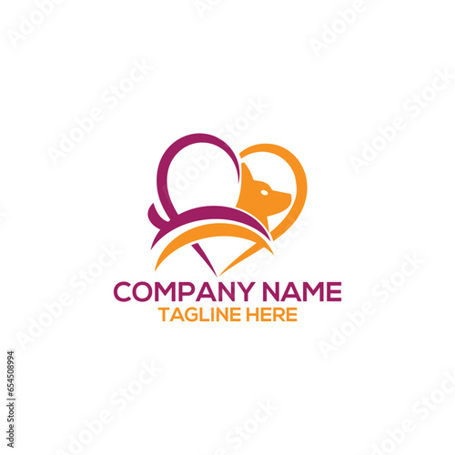 Simple minimal dog care logo design. Dog head with love vector