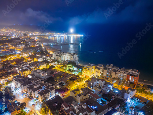 Night aerial image of the Barranco region, Lima. Peru. Homes, businesses and nightlife in 2023. photo