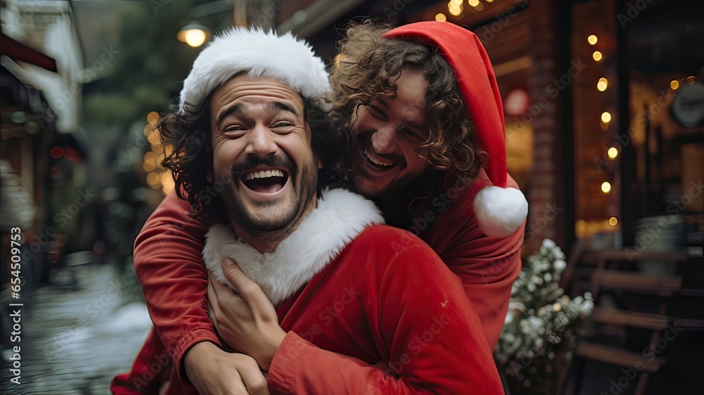 Two latin male friends smiling looking at camera outdoors. Gay couple hugging and laughing outdoors. Christmas concept. Generative AI.