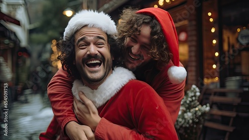 Two latin male friends smiling looking at camera outdoors. Gay couple hugging and laughing outdoors. Christmas concept. Generative AI.