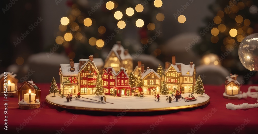 A small illuminated model village toy is displayed with candles on a bokeh Christmas table. quaint, snow-covered small town for Christmas. Christmas vacations. holiday card