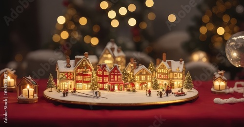 A small illuminated model village toy is displayed with candles on a bokeh Christmas table. quaint  snow-covered small town for Christmas. Christmas vacations. holiday card