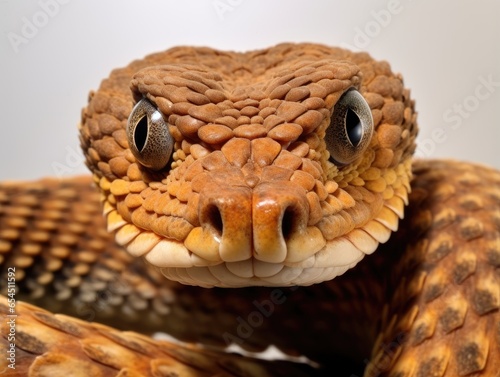 Close-up of a snake's head curled up and looking at the camera. A reptilian animal. Nature background. Illustration for cover, card, postcard, interior design, banner, poster, brochure or presentation