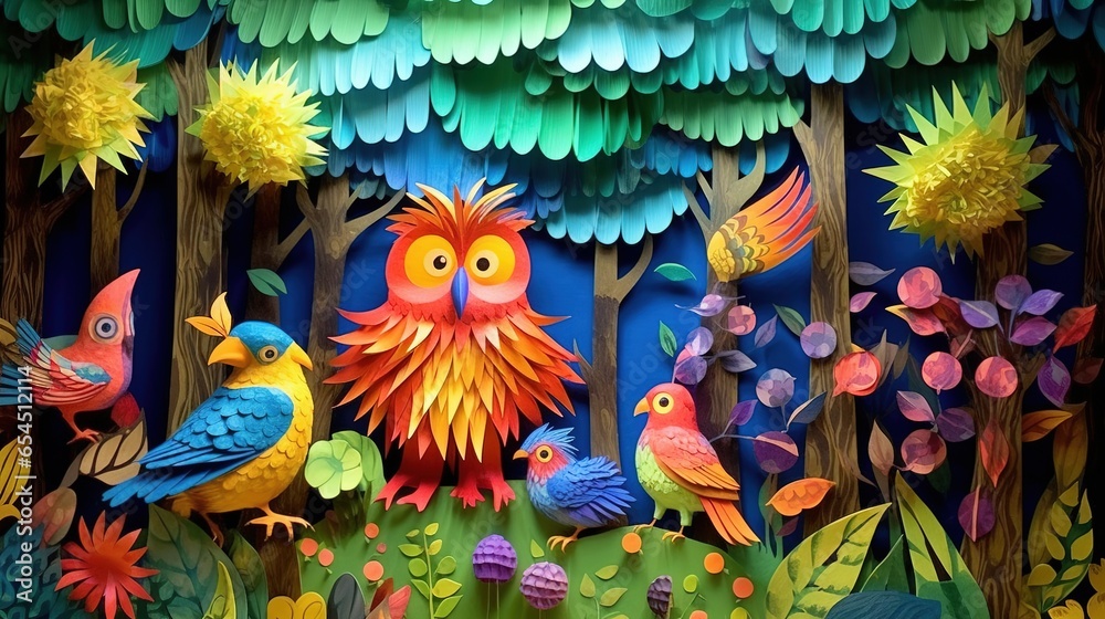 Bright composition in origami style with tropical birds on the background of the forest. Paper crafts. Illustration for cover, postcard, greeting card, interior design, decor. Bright composition in origami style with tropical birds on the background of the forest. Paper crafts. Illustration for cover, postcard, greeting card, interior design, decor.