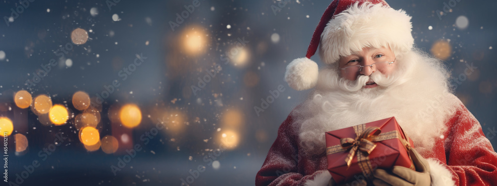 Cheerful smiling Santa Claus holding Christmas gifts box on winter street Cheerful smiling Santa Claus holding Christmas gifts box on winter street