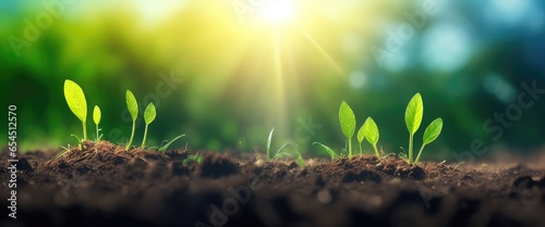 Ecology concept: the seedlings are developing from the fertile soil to the bright morning sunlight. a broad panorama banner