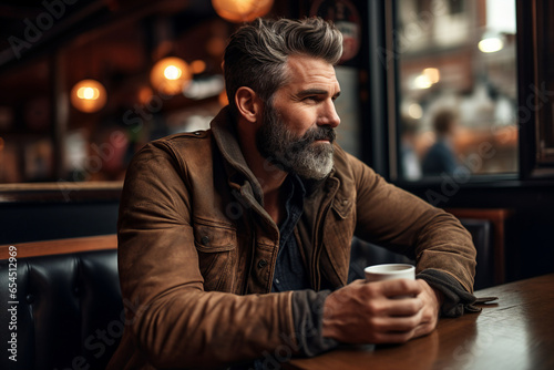 Handsome bearded man sitting table in trendy cafeteria cafe drinking hot fresh coffee Generative AI technology