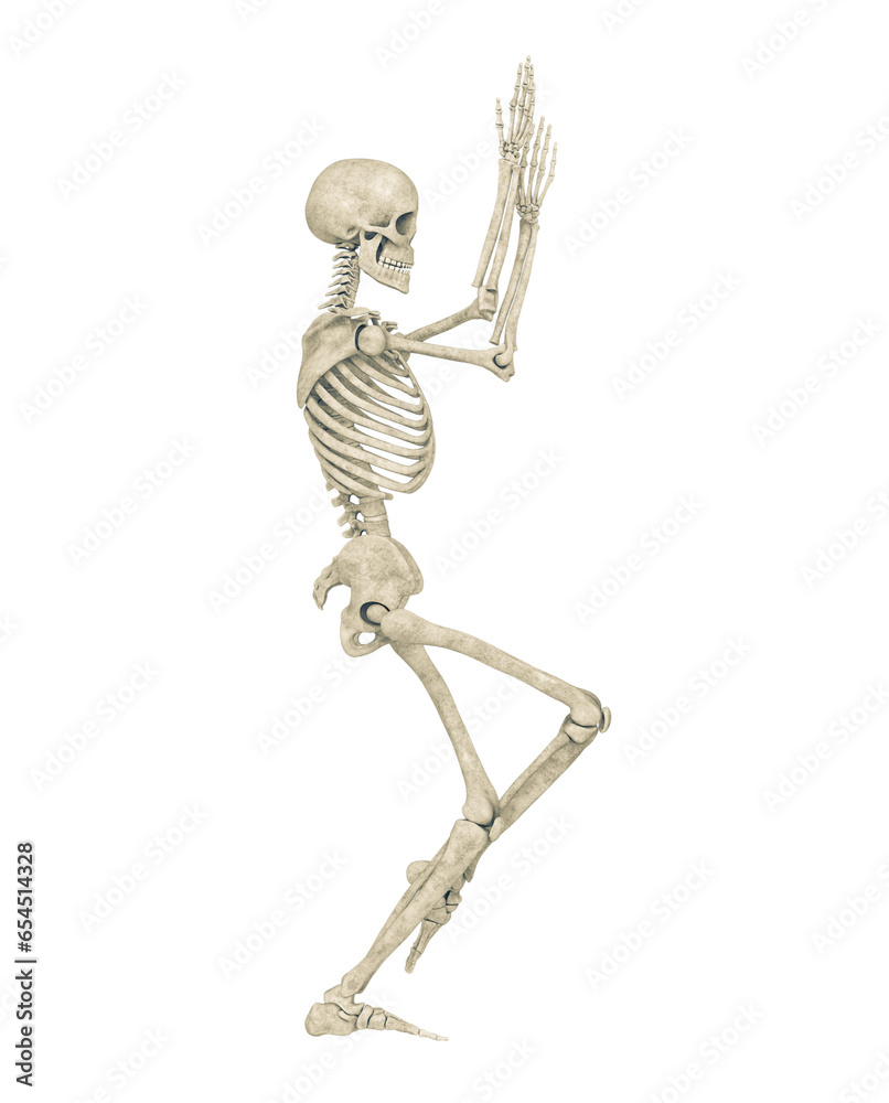 skeleton is doing a namaste yoga pose