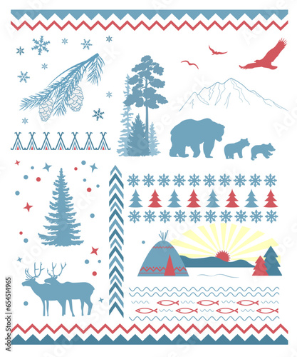 North patterns with animal and tree silhouettes. Vector illustration.