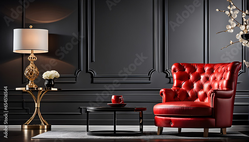 red Tufted armchair and coffee table with a lamp near a wall. Interior design of the modern living room
