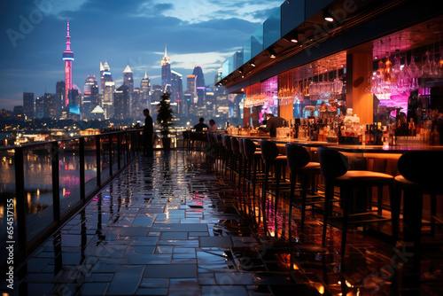 Vibrant rooftop party in the urban skyline. 