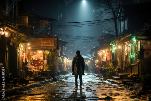 Mysterious urban alley bathed in neon mystery. 