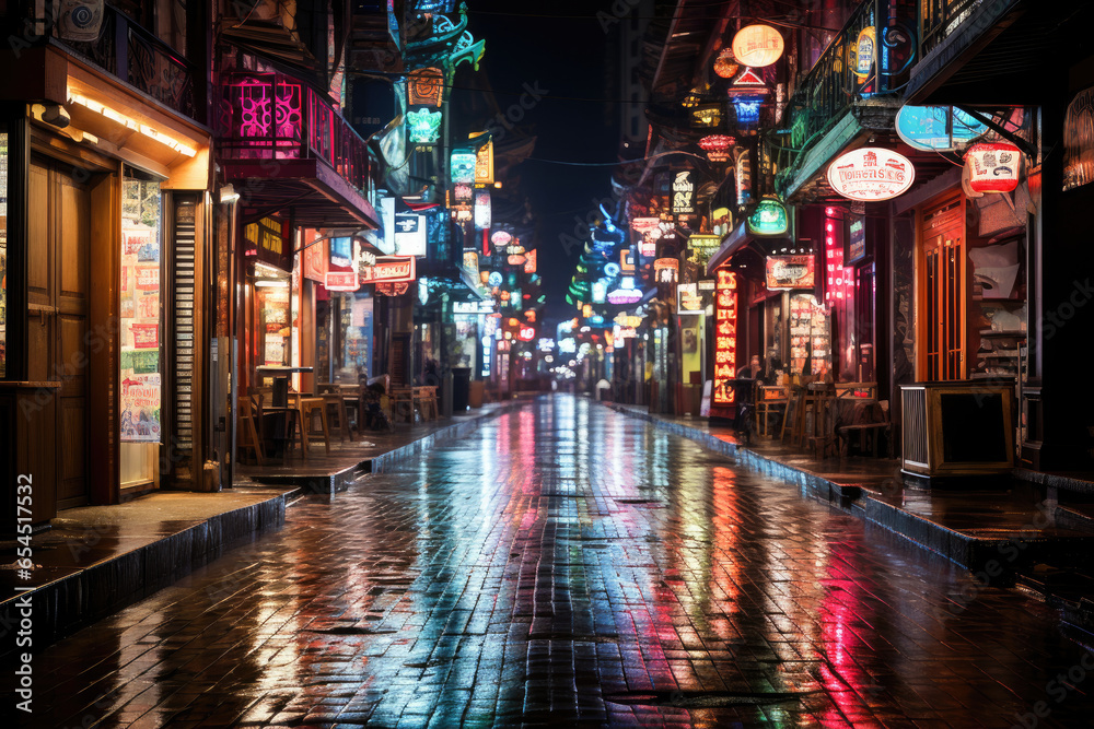 Lively pedestrian street with neon signs.
